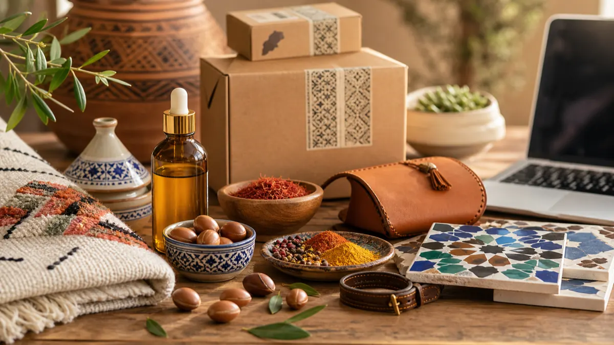 Moroccan products including argan oil, spices, rugs, zellige and packaging for business in Morocco