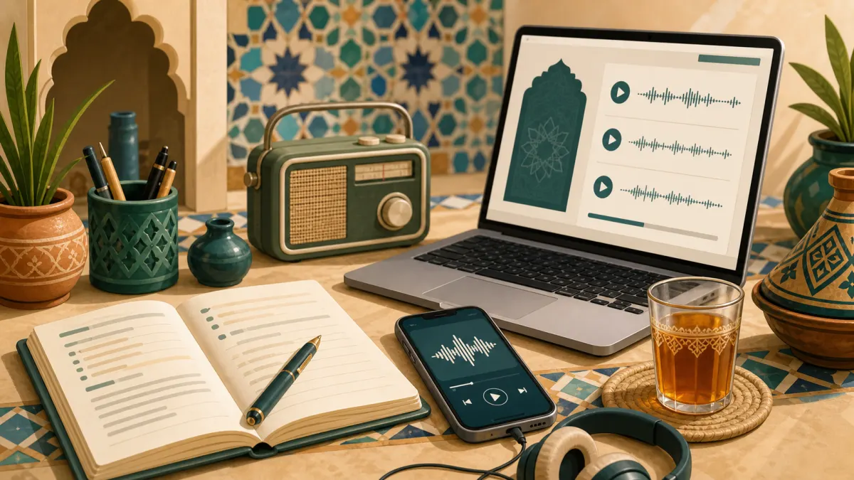 Learning Moroccan Darija for free with radio audio lessons notebook and Moroccan decor