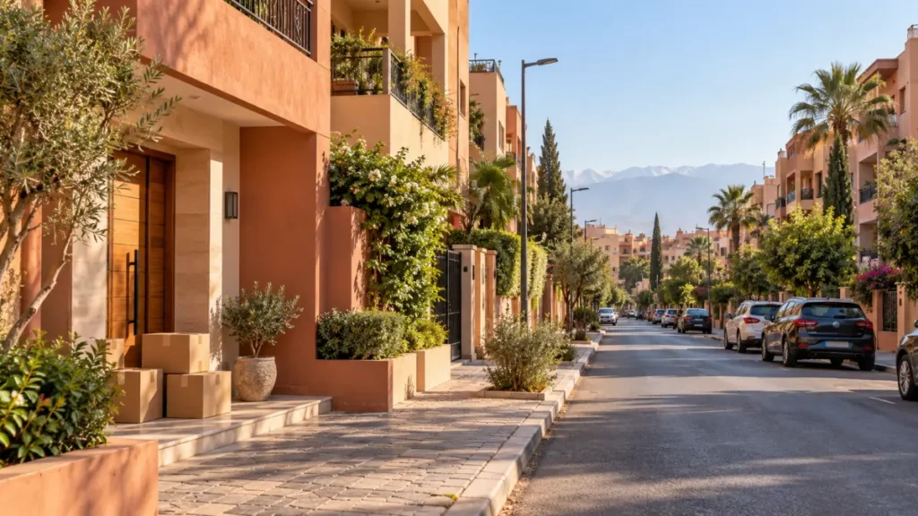 Residential street in Marrakech with modern apartments and the Atlas Mountains