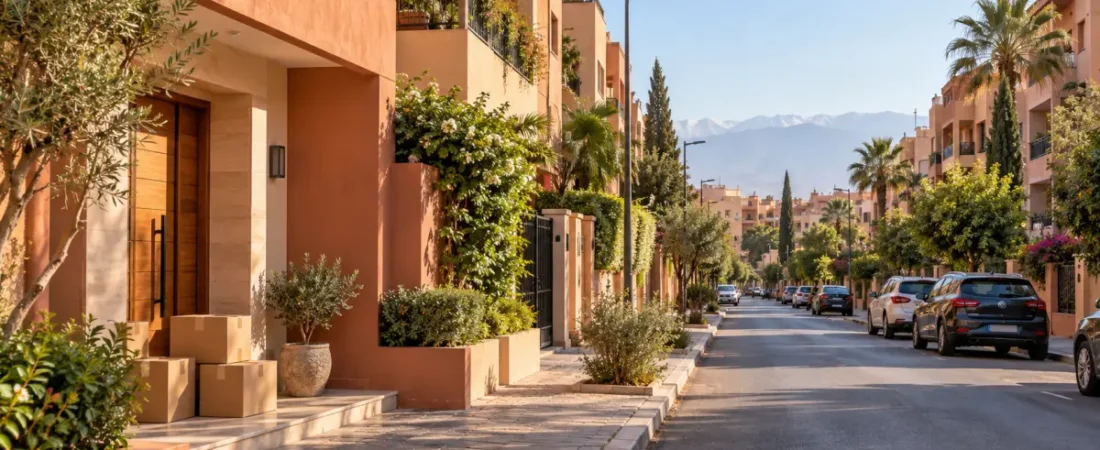 Residential street in Marrakech with modern apartments and the Atlas Mountains