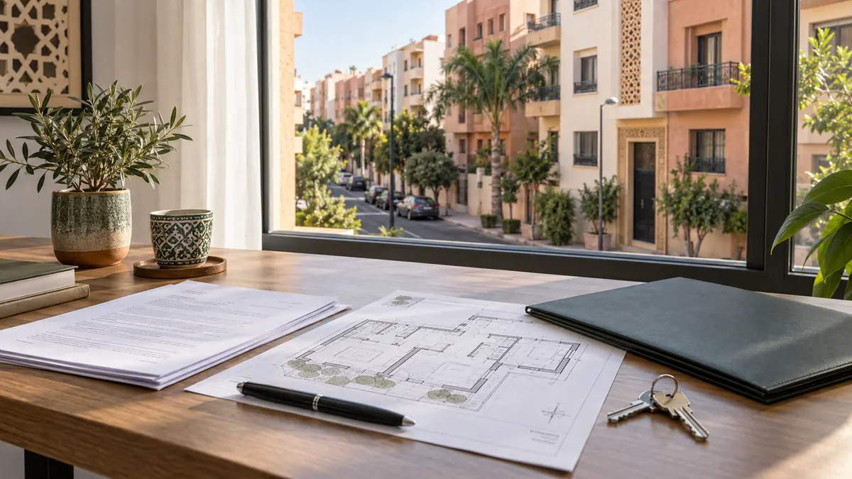 Property documents and plans overlooking a residential street in Morocco