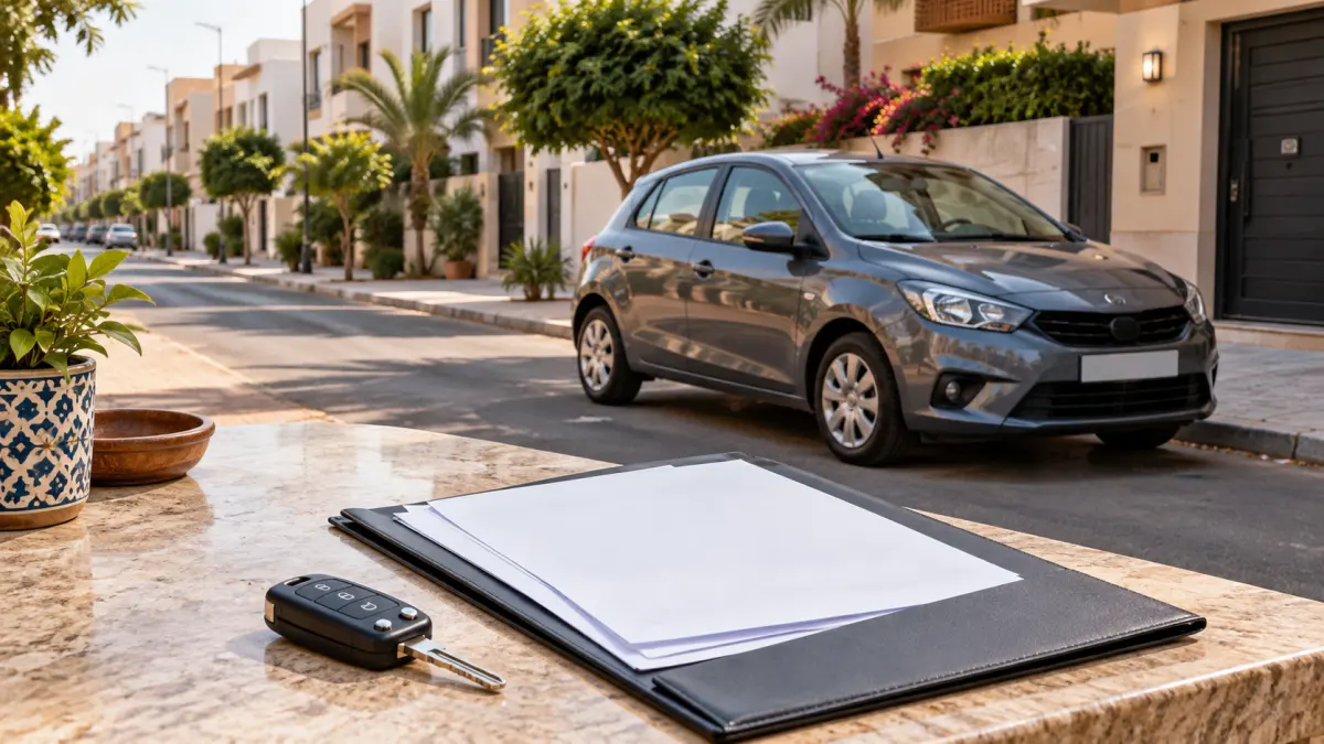 Standard car with insurance documents and keys in a modern Moroccan neighborhood