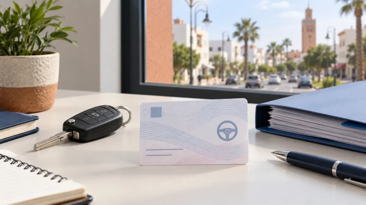 Generic driving licence card, car key and administrative file in Morocco