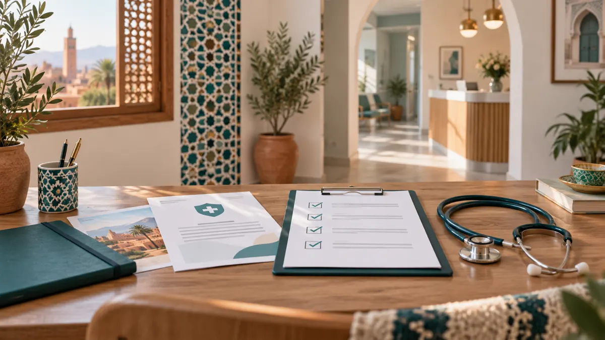 Health insurance planning documents and stethoscope in a modern Moroccan setting