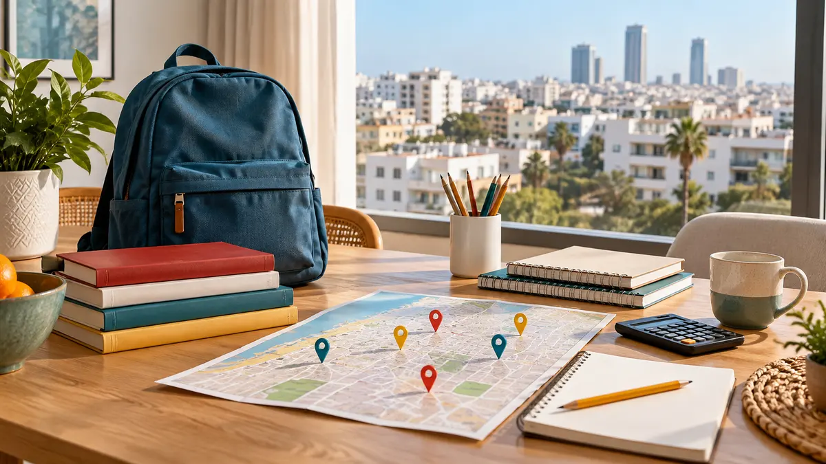School books, backpack and Casablanca map used to compare international schools