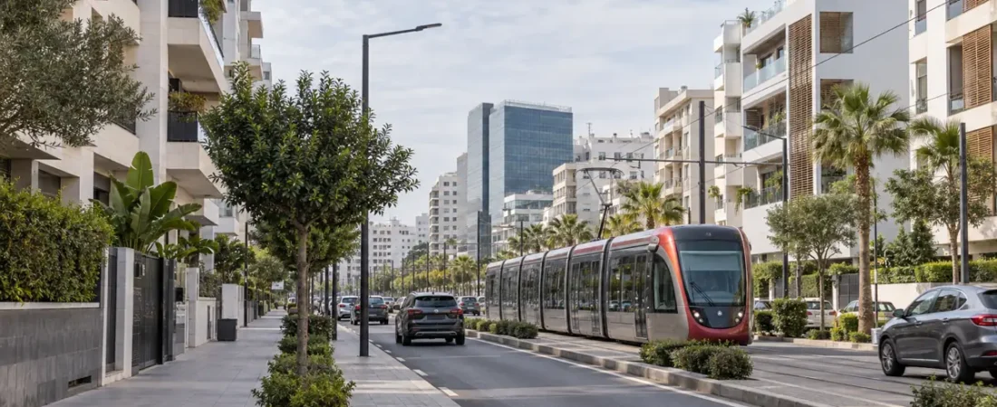 Residential Casablanca street with modern apartments, tram and city traffic