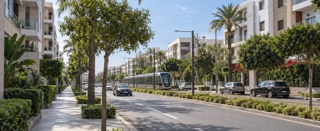 Residential avenue in Rabat with modern apartments, greenery and tram