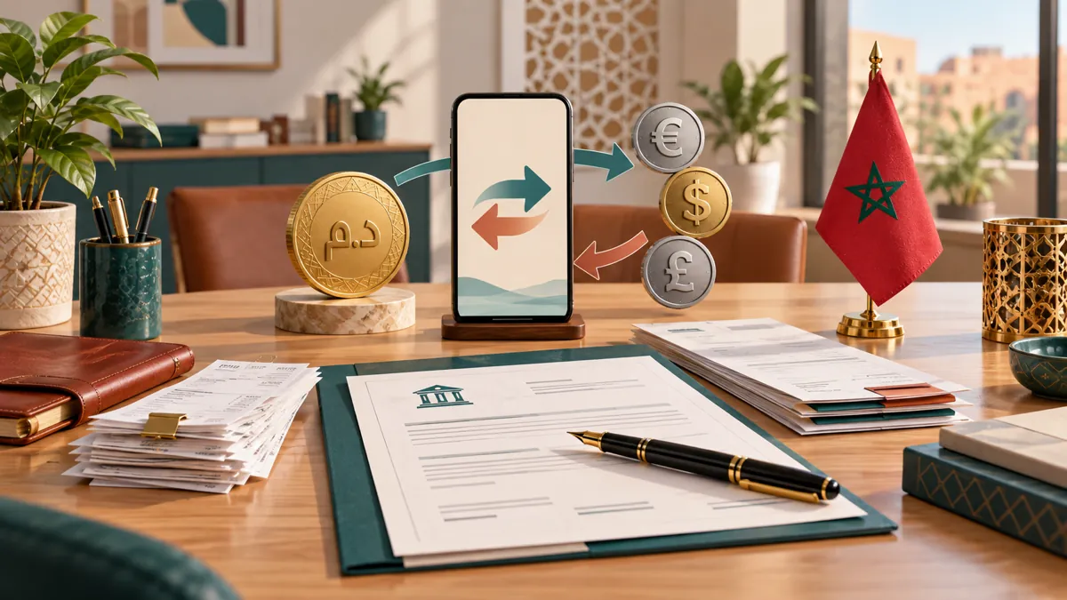 Moroccan currency transfer documents with dirham and foreign currency symbols
