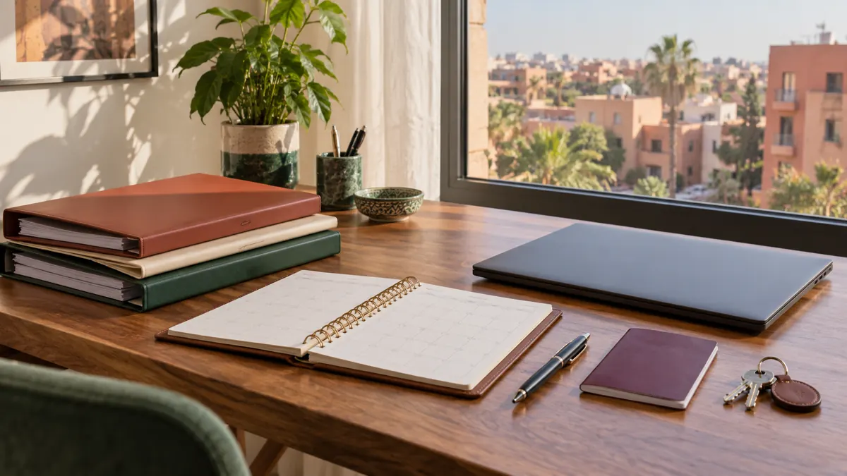 Tax residency documents, calendar and laptop in a modern Moroccan home