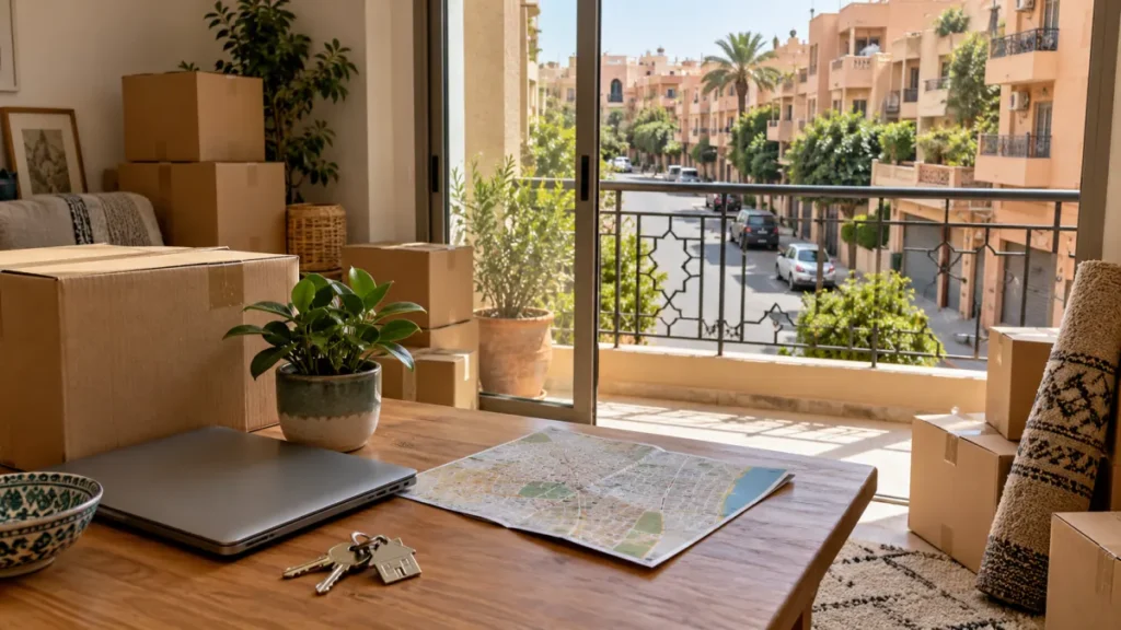 Moving boxes and apartment keys in a modern Moroccan home overlooking a residential neighborhood