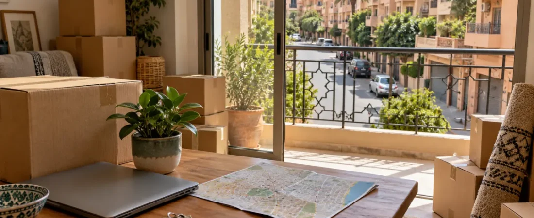 Moving boxes and apartment keys in a modern Moroccan home overlooking a residential neighborhood